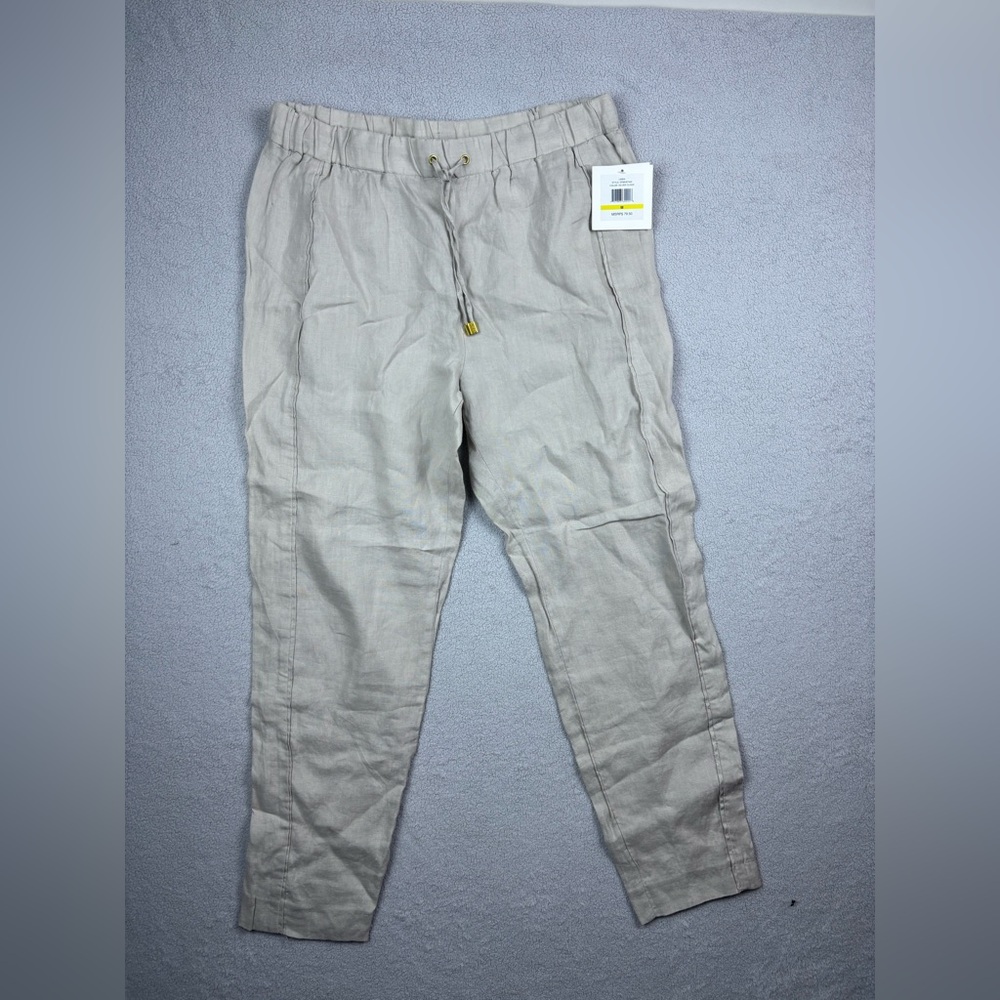 Ellen Tracy Womens M Beige Linen Drawstrings Straight Pants Coastal Lightweight